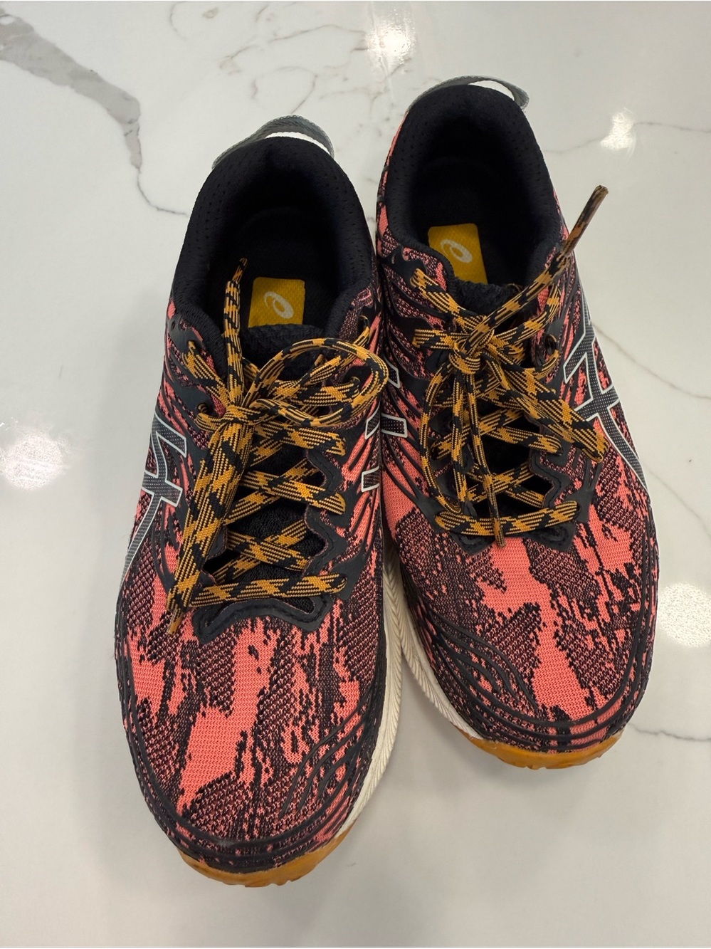 ASICS Coral Black Patterned Running Sneakers with Yellow Accents womens 7.5